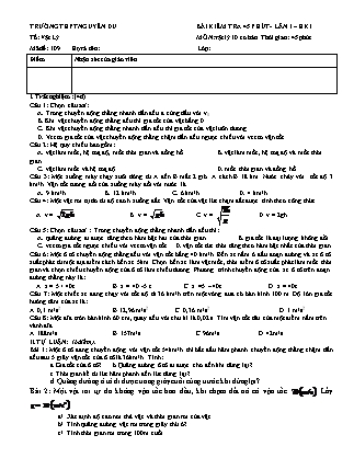 Đề kiểm tra 45 phút môn Vật lí Lớp 10 - Lần 1 - Năm học 2016-2017 - Trường THPT Nguyễn Du