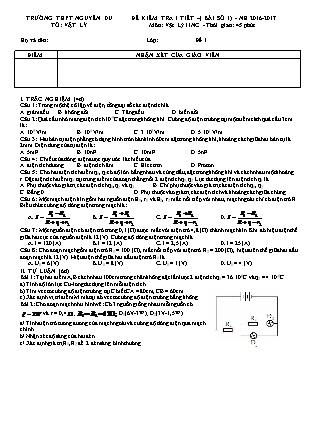 Đề kiểm tra 45 phút môn Vật lí Lớp 11 nâng cao - Lần 1 - Năm học 2016-2017 - Trường THPT Nguyễn Du