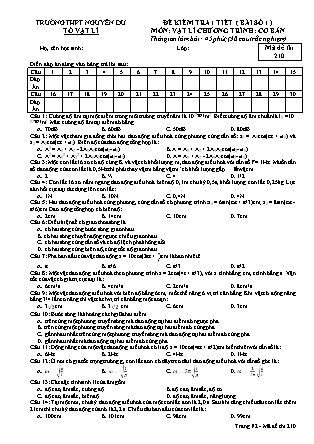 Đề kiểm tra 45 phút môn Vật lí Lớp 12 - Bài số 1 - Mã đề: 210 - Năm học 2016-2017 - Trường THPT Nguyễn Du