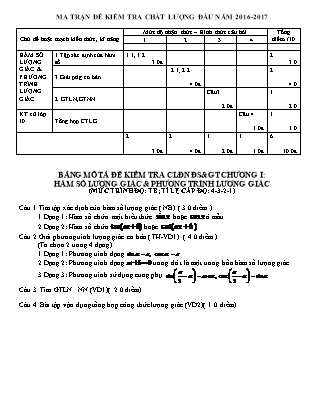 Đề kiểm tra Chất lượng đầu năm môn Toán Lớp 11 - Năm học 2016-2017 - Trường THPT Tôn Đức Thắng (Có đáp án)