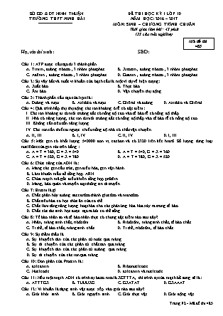 Đề kiểm tra Học kì 1 môn Sinh học Lớp 10 - Mã đề: 485 - Năm học 2016-2017 - Trường THPT Ninh Hải (Có đáp án)