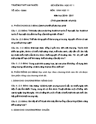 Đề kiểm tra Học kì 1 môn Sinh học Lớp 11 - Năm học 2016-2017 - Trường THPT An Phước (Có đáp án)