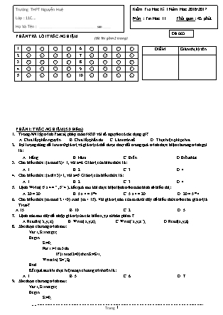 Đề kiểm tra Học kì 1 môn Tin học Lớp 11 - Mã đề: 003 - Năm học 2016-2017 - Trường THPT Nguyễn Huệ (Có đáp án)