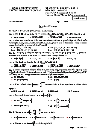 Đề kiểm tra Học kì 1 môn Toán Lớp 11 - Mã đề: 485 - Năm học 2016-2017 - Trường THPT Phan Bội Châu (Có đáp án)