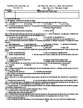 Đề kiểm tra Học kì 1 môn Vật lí Lớp 10 - Năm học 2016-2017 - Trường THPT Nguyễn Du