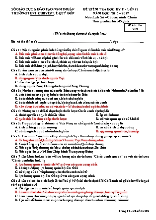 Đề kiểm tra Học kì 2 môn Lịch sử Lớp 12 - Mã đề: 209 - Năm học 2016-2017 - Trường THPT Lê Quý Đôn (Có đáp án)
