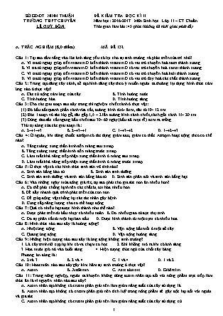 Đề kiểm tra Học kì 2 môn Sinh học Lớp 11 - Năm học 2016-2017 - Trường THPT Lê Quý Đôn (Có đáp án)