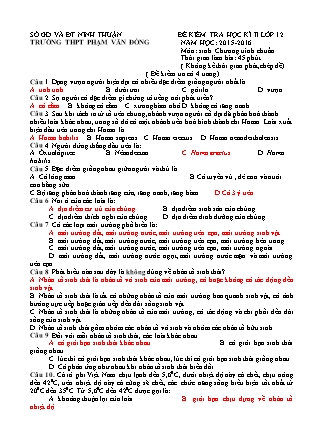 Đề kiểm tra Học kì 2 môn Sinh học Lớp 12 - Năm học 2015-2016 - Trường THPT Phạm Văn Đồng (Có đáp án)