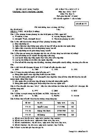Đề kiểm tra Học kì 2 môn Tin học Lớp 12 - Năm học 2016-2017 - Trường THPT Trường Chinh (Có đáp án)
