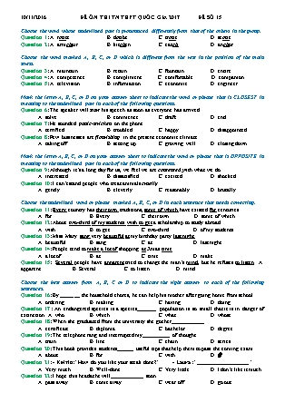 Đề luyện thi THPT Quốc gia môn Tiếng Anh - Đề 15 - Năm học 2017 (Có đáp án)