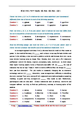 Đề thi Khảo sát chất lượng môn Tiếng Anh - Lần 2 - Năm học 2018 - Trường THPT chuyên Bắc Ninh (Có đáp án)