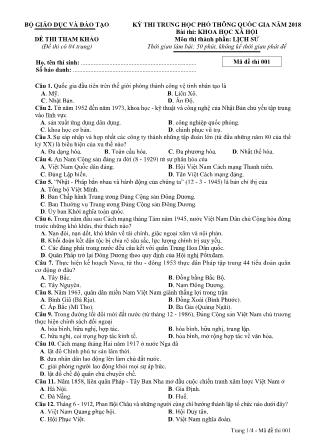 Đề thi tham khảo THPT Quốc gia môn Lịch sử - Mã đề: 001 - Năm học 2018 - Bộ giáo dục và đào tạo