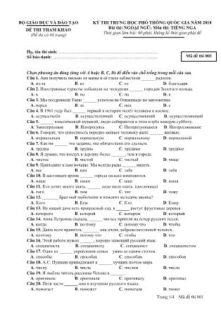 Đề thi tham khảo THPT Quốc gia môn Tiếng Nga - Mã đề: 001 - Năm học 2018 - Bộ giáo dục và đào tạo