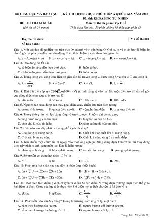 Đề thi tham khảo THPT Quốc gia môn Vật lí - Mã đề: 001 - Năm học 2018 - Bộ giáo dục và đào tạo