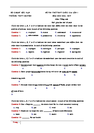 Đề thi thử THPT Quốc gia môn Tiếng Anh - Lần 1 - Năm học 2017 - Sở giáo dục và đào tạo Bắc Kạn (Có đáp án)