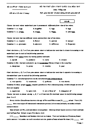 Đề thi thử THPT Quốc gia môn Tiếng Anh - Lần 1 - Năm học 2017 - Sở giáo dục và đào tạo tỉnh Đăklăk (Có đáp án)