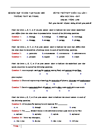 Đề thi thử THPT Quốc gia môn Tiếng Anh - Lần 1 - Năm học 2017 - Trường THPT Hà Trung (Có đáp án)