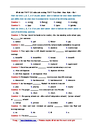 Đề thi thử THPT Quốc gia môn Tiếng Anh - Lần 1 - Năm học 2018 - Trường THPT Trực Ninh (Có đáp án)