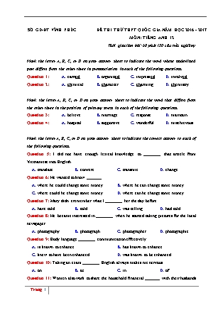 Đề thi thử THPT Quốc gia môn Tiếng Anh - Năm học 2017 - Sở giáo dục và đào tạo Vĩnh Phúc (Có đáp án)