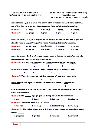 Đề thi thử THPT Quốc gia môn Tiếng Anh - Năm học 2017 - Trường THPT Hoàng Quốc Việt (Có đáp án)