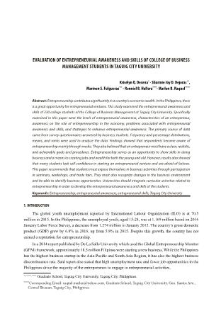 Evaluation of entrepreneurial awareness and skills of college of business management students in taguig city university