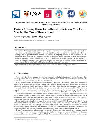 Factors affecting brand love, brand loyalty and word-ofmouth: The case of Honda brand