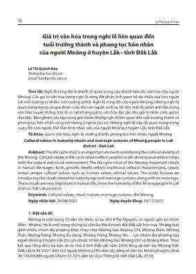 Giá trị văn hóa trong nghi lễ liên quan đến tuổi trưởng thành và phong tục hôn nhân của người Mnông ở huyện Lắk - tỉnh Đắk Lắk