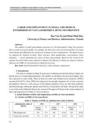 Labor and employment in small and medium enterprises in Van Lam district, Hung Yen province