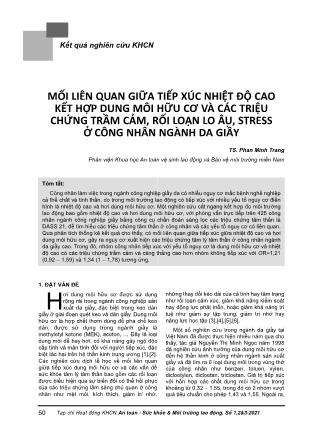 Mối liên quan giữa tiếp xúc nhiệt độ cao kết hợp dung môi hữu cơ và các triệu chứng trầm cảm, rối loạn lo âu, stress ở công nhân ngành da giầy
