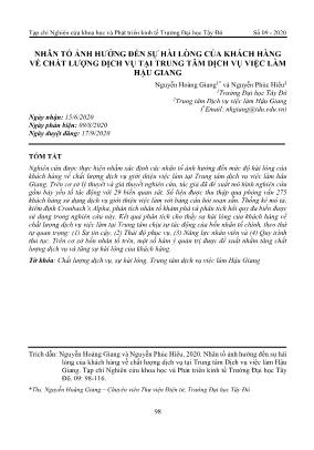 Nhân tố ảnh hưởng đến sự hài lòng của khách hàng về chất lượng dịch vụ tại trung tâm dịch vụ việc làm Hậu Giang
