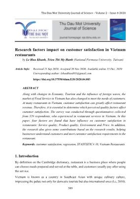 Research factors impact on customer satisfaction in Vietnam restaurants