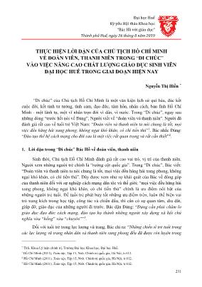 Thực hiện lời dặn của chủ tịch Hồ Chí Minh về đoàn viên, thanh niên trong “di chúc” vào việc nâng cao chất lượng giáo dục sinh viên Đại học Huế trong giai đoạn hiện nay