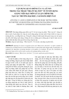 Vận dụng quan điểm của V.I. Lê-nin trong tác phẩm “Thà ít mà tốt” về tuyển dụng giảng viên dạy môn Lý luận chính trị tại các trường Đại học, Cao đẳng hiện nay