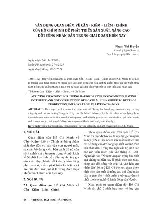 Vận dụng quan điểm về cần - kiệm - liêm - chính của Hồ Chí Minh để phát triển sản xuất, nâng cao đời sống nhân dân trong giai đoạn hiện nay