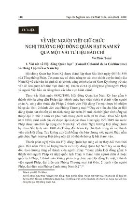 Về việc người việt giữ chức nghị trưởng hội đồng quản hạt Nam Kỳ qua một vài tư liệu báo chí