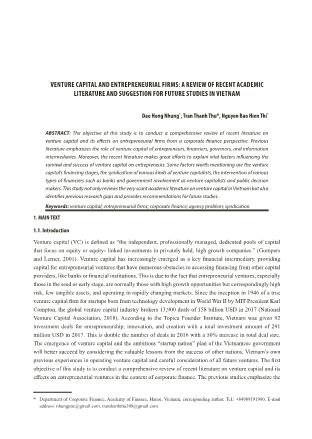 Venture capital and entrepreneurial firms: A review of recent academic literature and suggestion for future studies in Vietnam