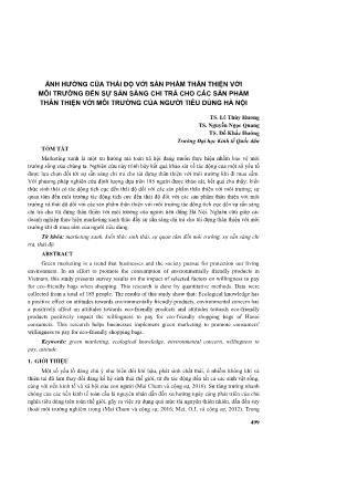 Ảnh hưởng của thái độ với sản phẩm thân thiện với môi trường đến sự sẵn sàng chi trả cho các sản phẩm thân thiện với môi trường của người tiêu dùng Hà Nội