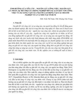 Ảnh hưởng của yêu cầu – nguồn lực công việc, nguồn lực cá nhân, sự hỗ trợ của đồng nghiệp đến sự gắn kết với công việc và sự sáng tạo của người lao động tại các doanh nghiệp vừa và nhỏ tại Thành phố Hồ Chí Minh