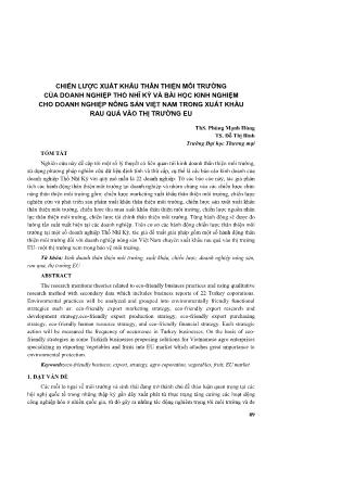 Chiến lược xuất khẩu thân thiện môi trường của doanh nghiệp Thổ Nhĩ Kỳ và bài học kinh nghiệm cho doanh nghiệp nông sản Việt Nam trong xuất khẩu rau quả vào thị trường EU