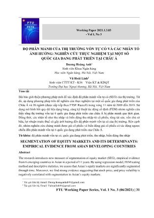 Độ phân mảnh của thị trường vốn tự có và các nhân tố ảnh hưởng: Nghiên cứu thực nghiệm tại một số quốc gia đang phát triển tại châu Á