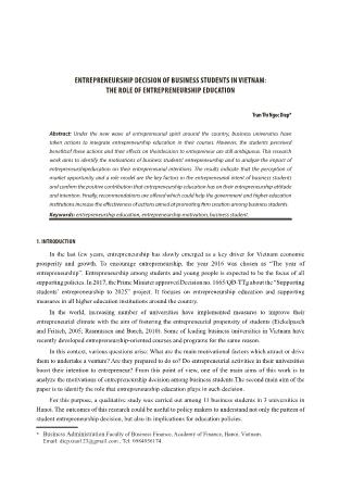 Entrepreneurship decision of business students in vietnam: The role of entrepreneurship education