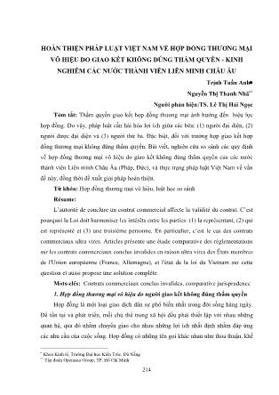 Hoàn thiện pháp luật Việt Nam về hợp đồng thương mại vô hiệu do giao kết không đöng thẩm quyền - Kinh nghiệm các nước thành viên Liên minh châu Âu