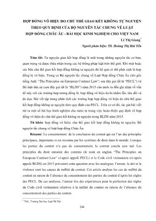 Hợp đồng vô hiệu do chủ thể giao kết không tự nguyện theo quy định của bộ nguyên tắc chung về luật hợp đồng châu Âu - Bài học kinh nghiệm cho Việt Nam
