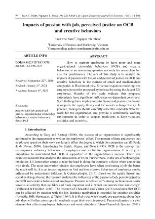 Impacts of passion with job, perceived justice on OCB and creative behaviors