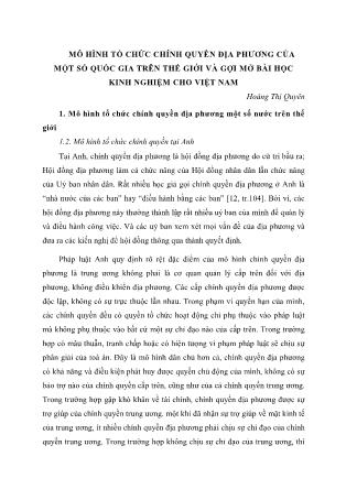 Mô hình tổ chức chính quyền địa phương của một số quốc gia trên thế giới và gợi mở bài học kinh nghiệm cho Việt Nam