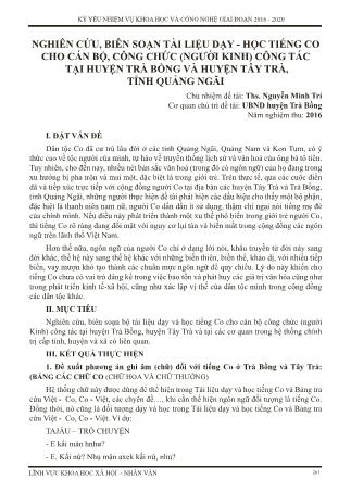 Nghiên cứu, biên soạn tài liệu dạy - học tiếng co cho cán bộ, công chức (người Kinh) công tác tại huyện Trà Bồng và huyện Tây Trà, tỉnh Quảng Ngãi