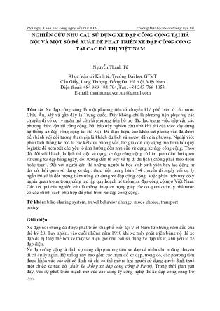 Nghiên cứu nhu cầu sử dụng xe đạp công cộng tại hà nội và một số đề xuất để phát triển xe đạp công cộng tại các đô thị Việt Nam