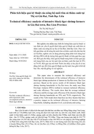 Phân tích hiệu quả kỹ thuật của nông hộ nuôi tôm sú thâm canh tại thị xã Giá Rai, tỉnh Bạc Liêu