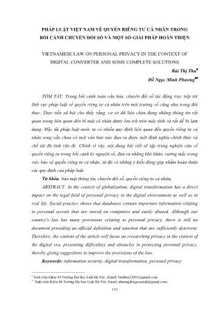 Pháp luật Việt Nam về quyền riêng tư cá nhân trong bối cảnh chuyển đổi số và một số giải pháp hoàn thiện