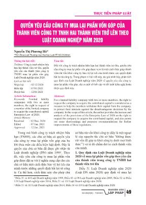 Quyền yêu cầu công ty mua lại phần vốn góp của thành viên công ty TNHH hai thành viên trở lên theo luật doanh nghiệp năm 2020